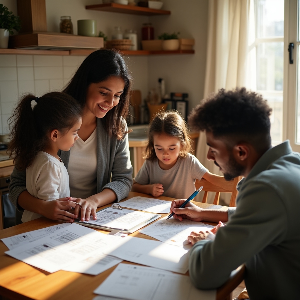 Consultor energético revisando facturas eléctricas junto a una familia en la cocina